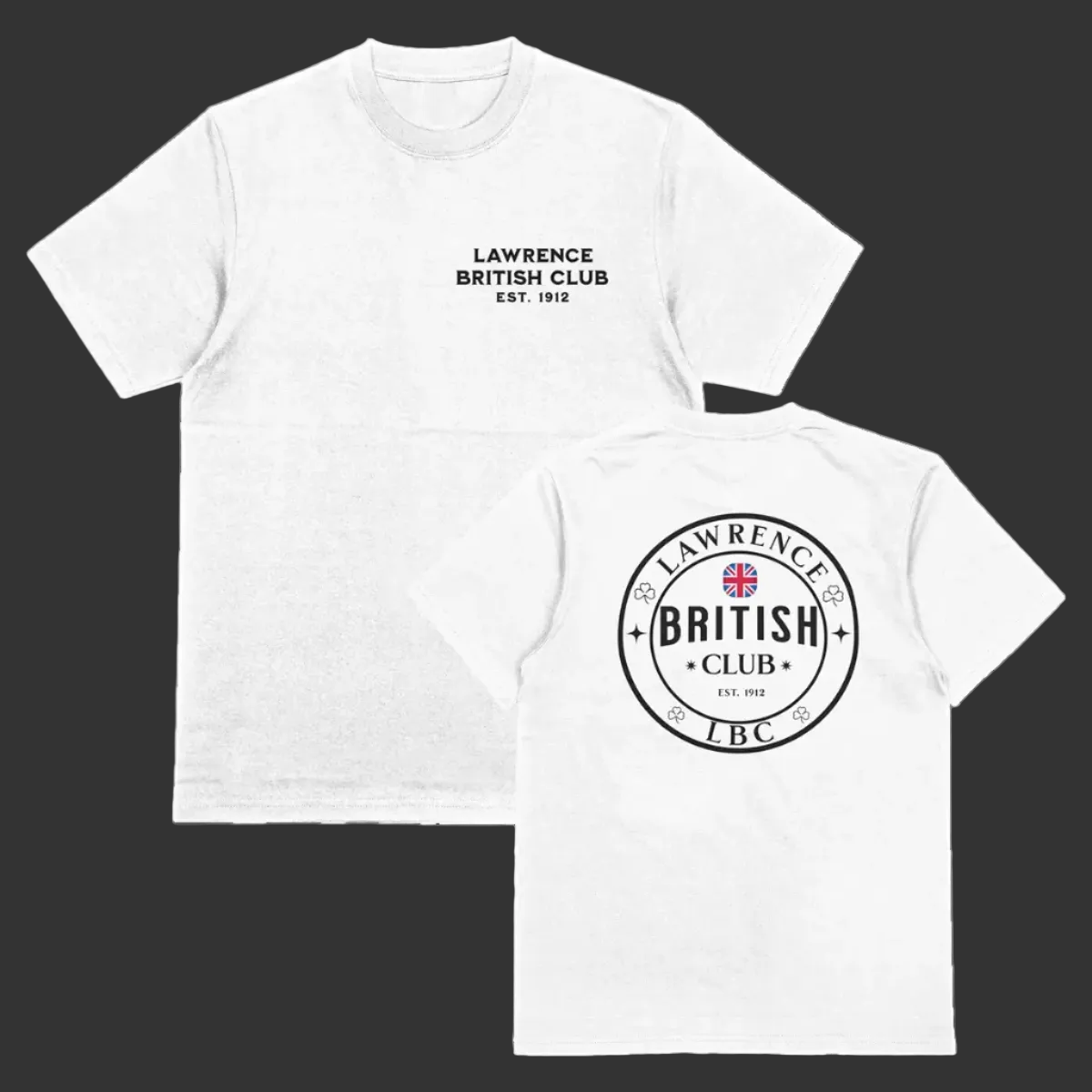 White t-shirt with 'Lawrence British Club' logo on a white background