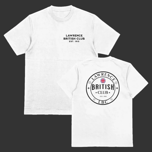 White t-shirt with 'Lawrence British Club' logo on a white background