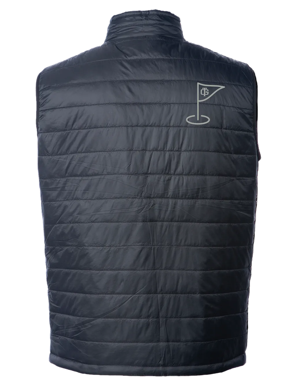 Black puffer vest with a logo on the back against a white background